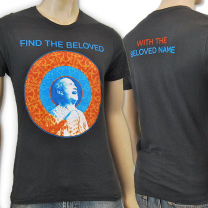 A black Mantralogy t-shirt with FIND THE BELOVED in blue and a colorful person inside a patterned circle on the front; the back features WITH THE BELOVED NAME in orange and blue.