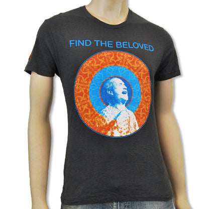 A Mantralogy mannequin wears a black T-shirt featuring blue FIND THE BELOVED text above artwork of a person looking up, framed by orange and blue circular patterns.