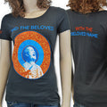 A dark gray fitted Mantralogy T-shirt features a person singing inside an orange and blue circle on the front, with blue and orange text on the back. Displayed on a mannequin from both front and back views.