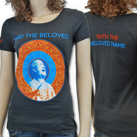 A dark gray fitted Mantralogy T-shirt features a person singing inside an orange and blue circle on the front, with blue and orange text on the back. Displayed on a mannequin from both front and back views.