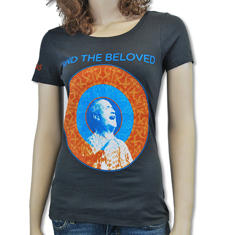 A mannequin sports a fitted dark Mantralogy T-shirt with a blue and orange circular design showing a singing woman and FIND THE BELOVED above the image.