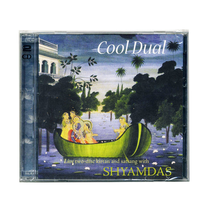 Shyamdas CD case with illustrated cover of people in a green boat on a river amid trees. Text: Cool Dual. Two-disc live kirtan and satsang by Shyamdas, featuring Hare Krishna chants.