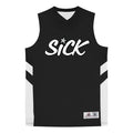 A black sleeveless basketball jersey from Stay Sick Clothing with white side panels and SICK in bold graffiti-style letters (star dotting the I), plus a size tag for streetwear-inspired Sick Star flair.