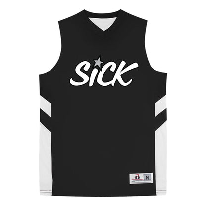 A black sleeveless basketball jersey from Stay Sick Clothing with white side panels and SICK in bold graffiti-style letters (star dotting the I), plus a size tag for streetwear-inspired Sick Star flair.