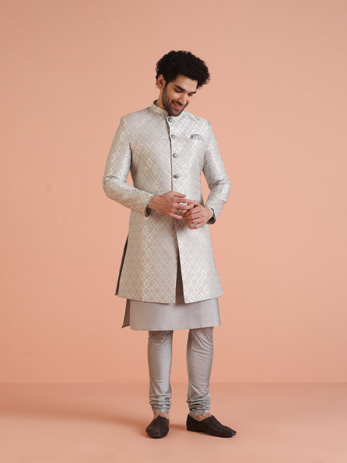 Silver Grey Silk Blend Woven Sherwani Kurta Churidar Set