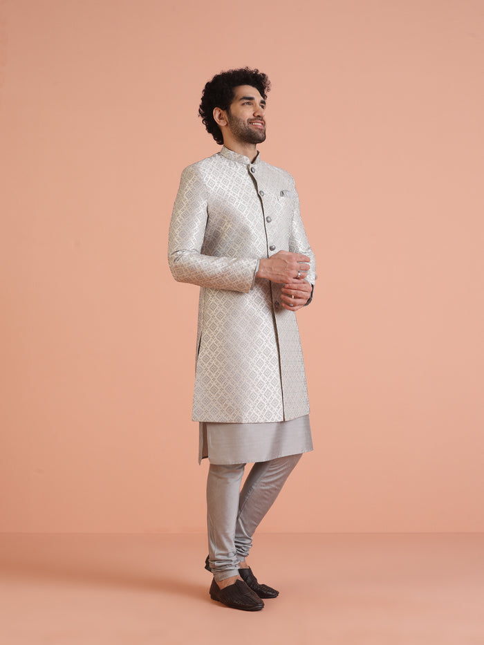 Silver Grey Silk Blend Woven Sherwani Kurta Churidar Set