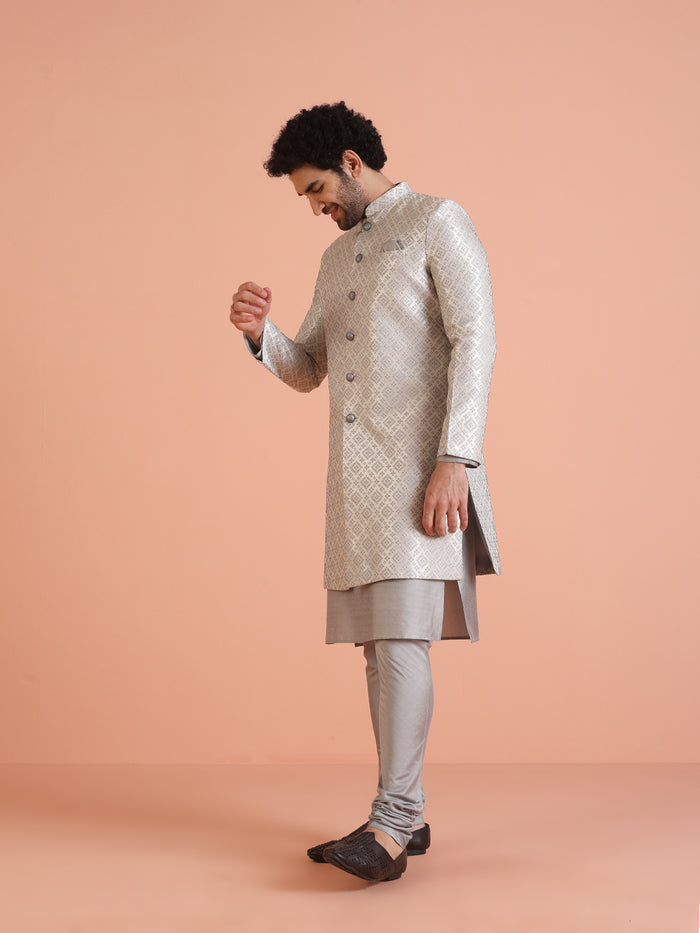 Silver Grey Silk Blend Woven Sherwani Kurta Churidar Set