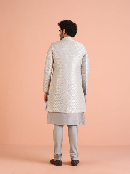 Silver Grey Silk Blend Woven Sherwani Kurta Churidar Set