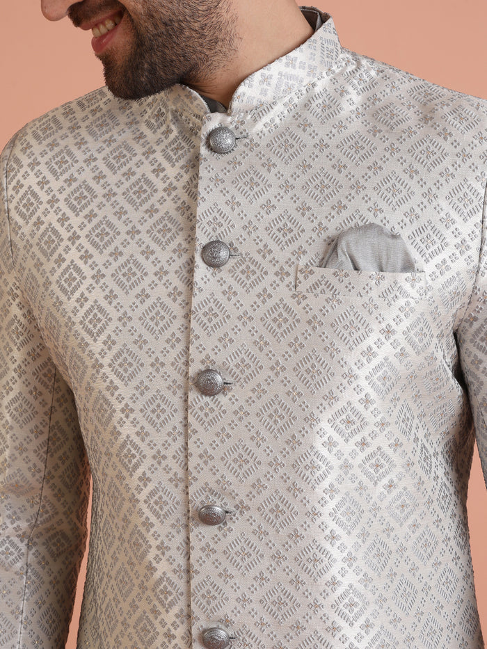 Silver Grey Silk Blend Woven Sherwani Kurta Churidar Set