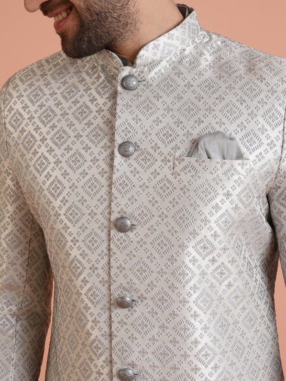 Silver Grey Silk Blend Woven Sherwani Kurta Churidar Set