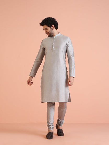 Silver Grey Silk Blend Woven Sherwani Kurta Churidar Set