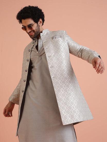 Silver Grey Silk Blend Woven Sherwani Kurta Churidar Set