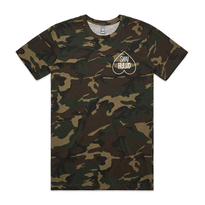 A green and brown camo short-sleeve t-shirt by Shai Hulud, featuring a white circular logo on the left chest.