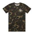A green and brown camo short-sleeve t-shirt by Shai Hulud, featuring a white circular logo on the left chest.