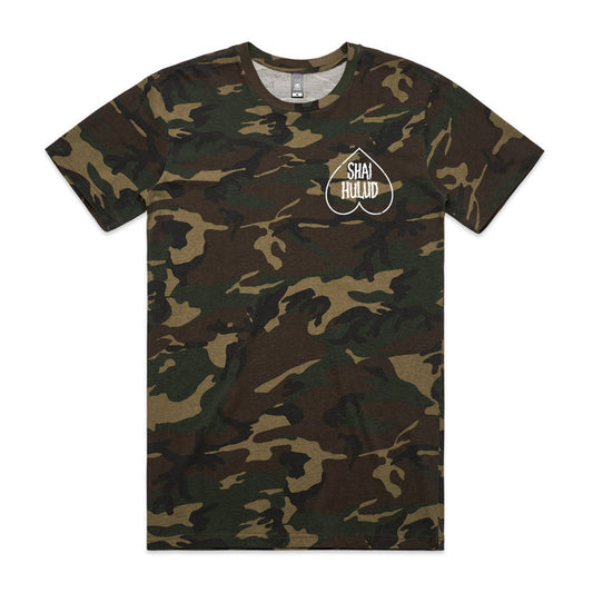A green and brown camo short-sleeve t-shirt by Shai Hulud, featuring a white circular logo on the left chest.