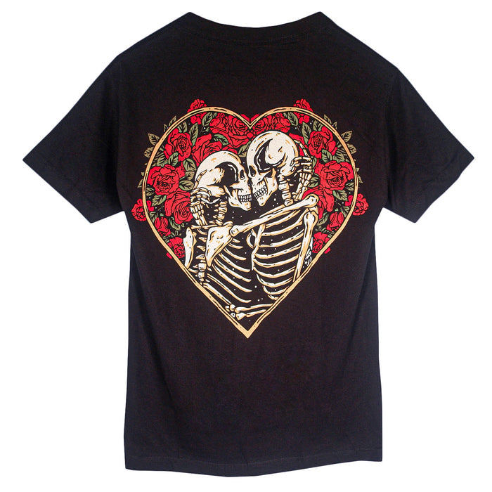 Black t-shirt with a design of two skeletons embracing inside a heart surrounded by roses on a white background.