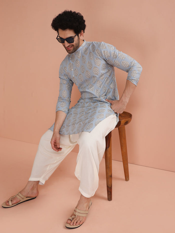 Sky Blue Printed Kurta Cream Patiala Set