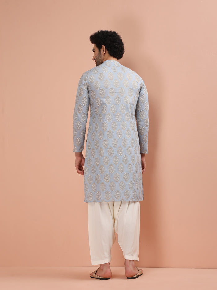 Sky Blue Printed Kurta Cream Patiala Set