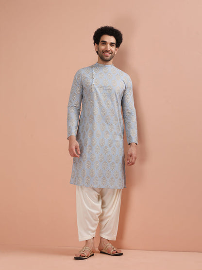 Sky Blue Printed Kurta Cream Patiala Set