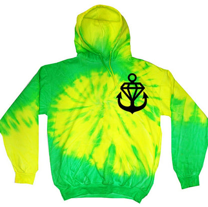 A green and yellow tie-dye hooded sweatshirt from Stay Sick Clothing, featuring a bold black anchor and diamond design on the left chest—ideal for any SLiMESQUAD fan.