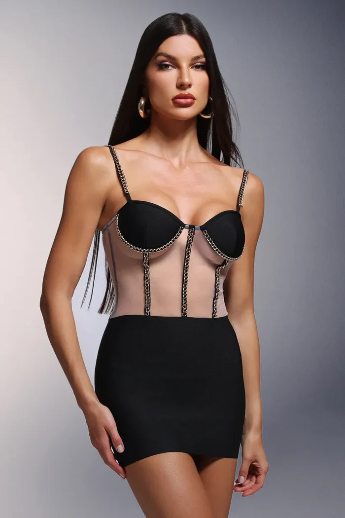 Sofia Chic Black Mesh Corset Mini Dress