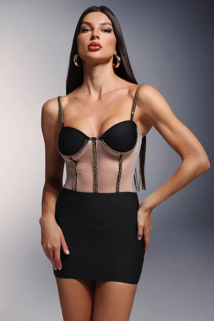 Sofia Chic Black Mesh Corset Mini Dress
