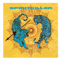 Two blue tigers with black stripes face off over a sunburst on yellow, radiating energy. One is pierced by a spear. Spiritkiller is boldly displayed in blue at the top, highlighting the brand’s fierce and dynamic style.