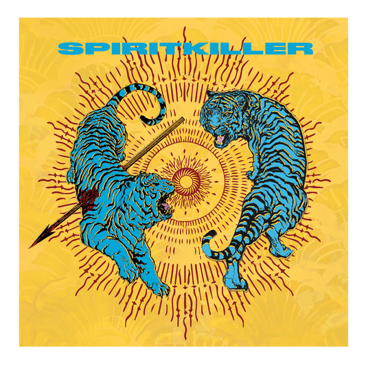 Two blue tigers with black stripes face off over a sunburst on yellow, radiating energy. One is pierced by a spear. Spiritkiller is boldly displayed in blue at the top, highlighting the brand’s fierce and dynamic style.