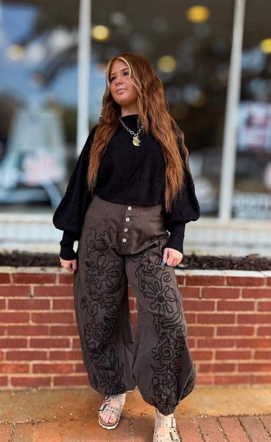 Stone Black Emb Pants