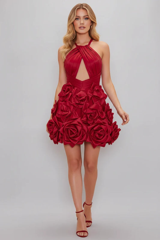 Tallulah Sculpted Rosette Halter Mini Dress