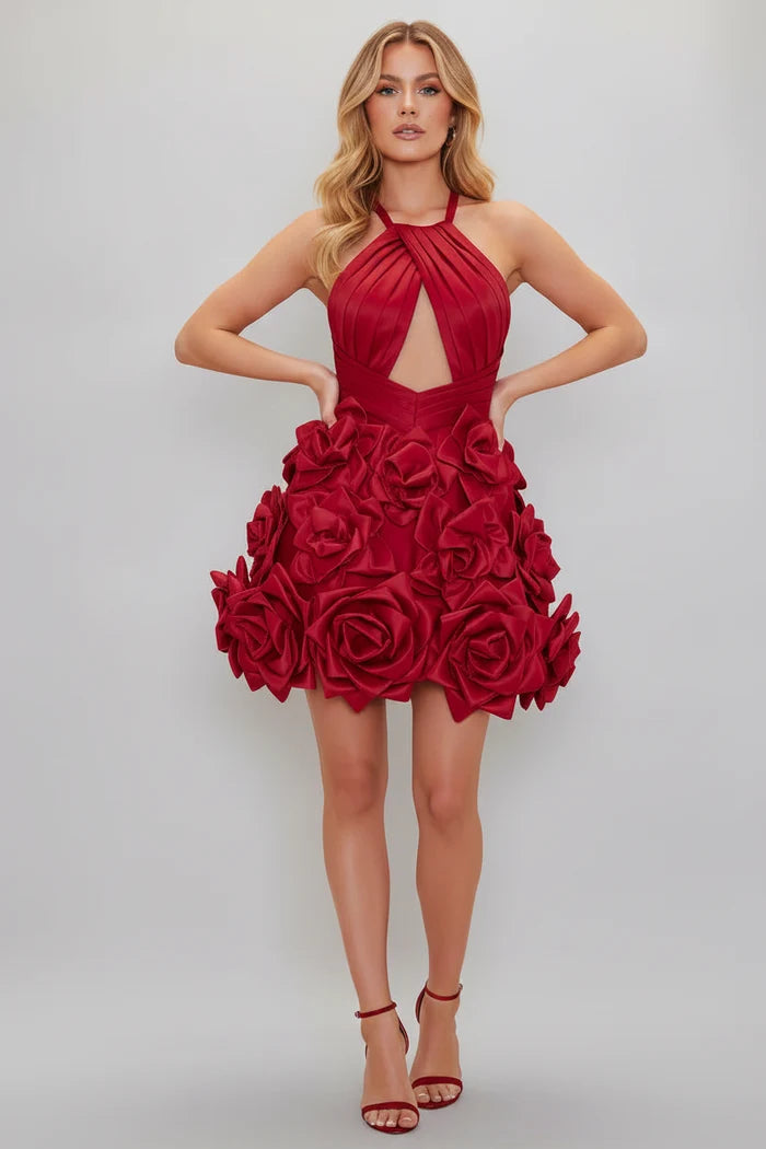 Tallulah Sculpted Rosette Halter Mini Dress