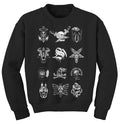 Stay Sick Clothing’s black sweatshirt features a grid of twelve white, tattoo flash-inspired graphics—skulls, daggers, animals, a rose, and “Stay True Forever”—for a bold rocker or gothic look with striking tattoo-style details.