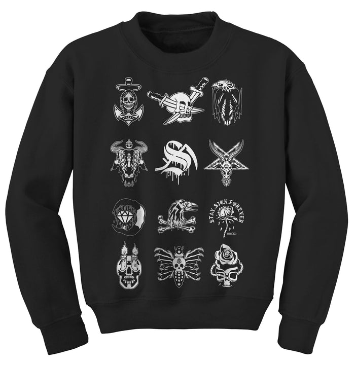 Stay Sick Clothing’s black sweatshirt features a grid of twelve white, tattoo flash-inspired graphics—skulls, daggers, animals, a rose, and “Stay True Forever”—for a bold rocker or gothic look with striking tattoo-style details.