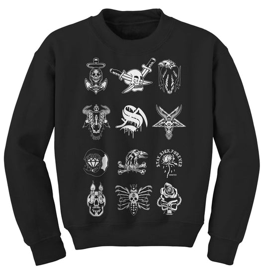 Stay Sick Clothing’s black sweatshirt features a grid of twelve white, tattoo flash-inspired graphics—skulls, daggers, animals, a rose, and “Stay True Forever”—for a bold rocker or gothic look with striking tattoo-style details.