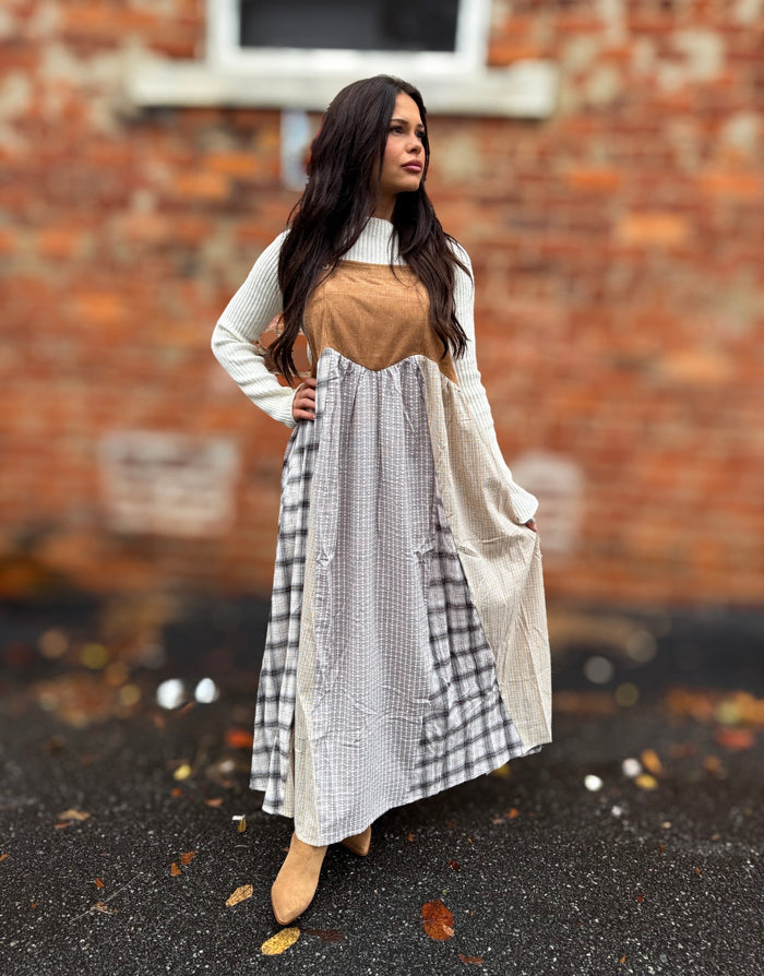 Taupe Plaid Overall Dress