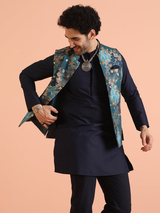 Teal Blue Cotton Silk Floral Nehru Jacket