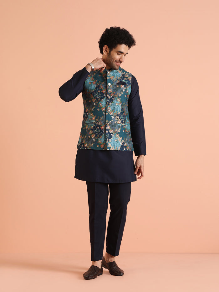 Teal Blue Cotton Silk Floral Nehru Jacket
