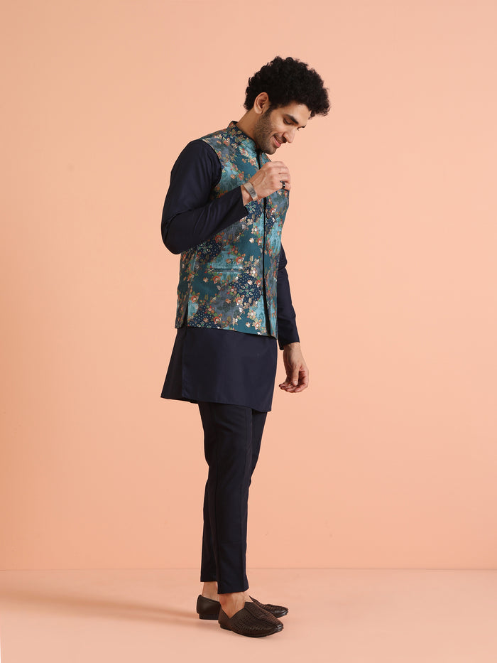 Teal Blue Cotton Silk Floral Nehru Jacket