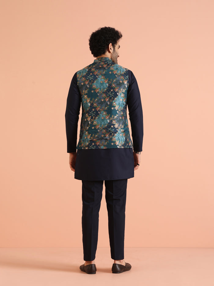 Teal Blue Cotton Silk Floral Nehru Jacket
