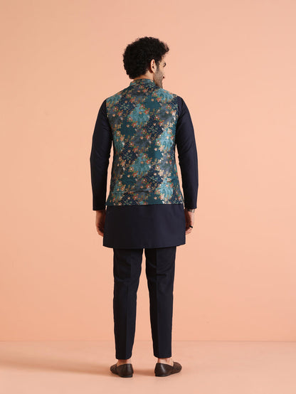 Teal Blue Cotton Silk Floral Nehru Jacket