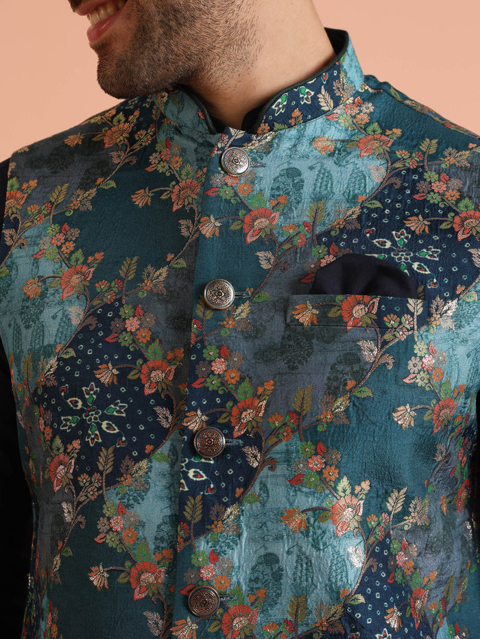 Teal Blue Cotton Silk Floral Nehru Jacket
