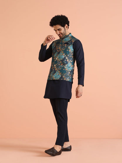 Teal Blue Cotton Silk Floral Nehru Jacket