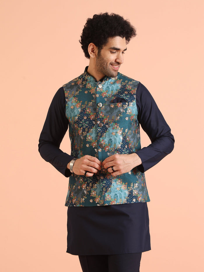 Teal Blue Cotton Silk Floral Nehru Jacket
