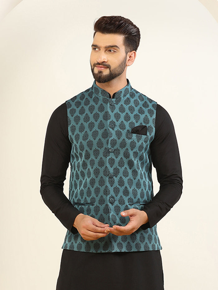 Teal Blue Silk Blend Jacquard Nehru Jacket