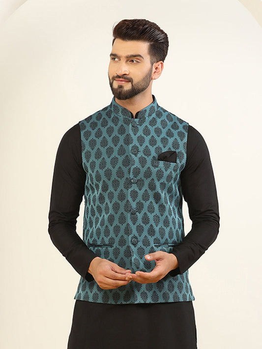 Teal Blue Silk Blend Jacquard Nehru Jacket