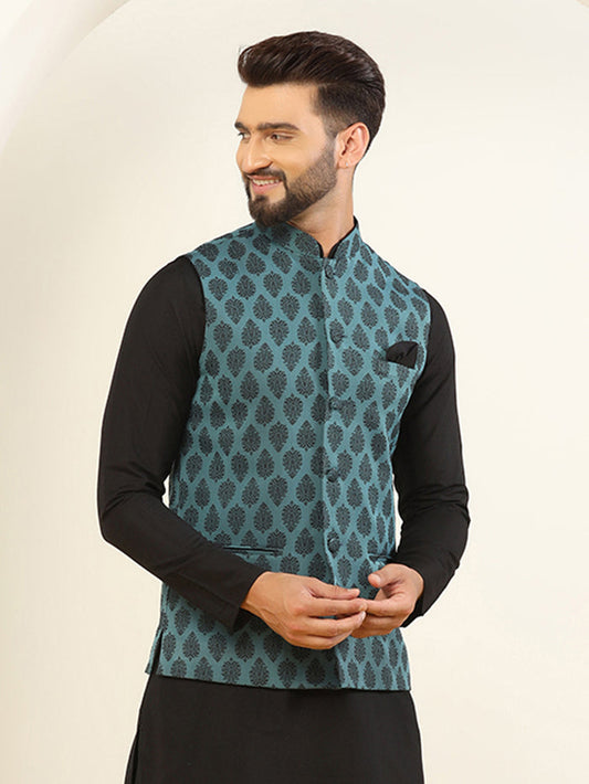 Teal Blue Silk Blend Jacquard Nehru Jacket