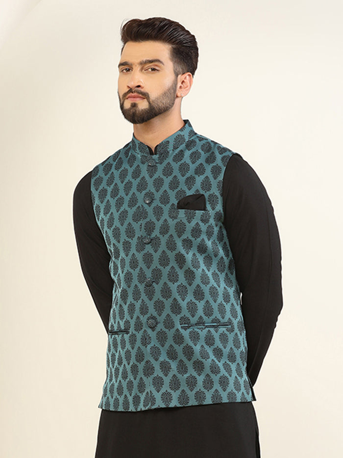 Teal Blue Silk Blend Jacquard Nehru Jacket