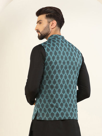 Teal Blue Silk Blend Jacquard Nehru Jacket