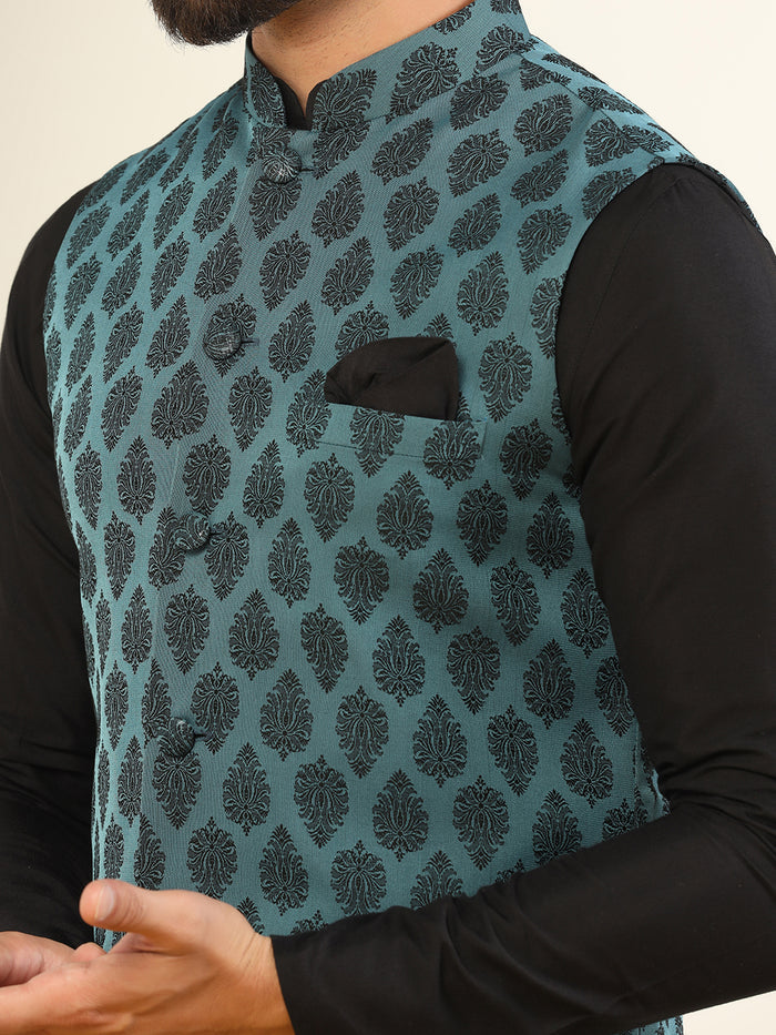 Teal Blue Silk Blend Jacquard Nehru Jacket