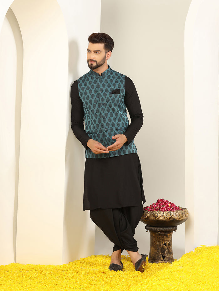 Teal Blue Silk Blend Jacquard Nehru Jacket